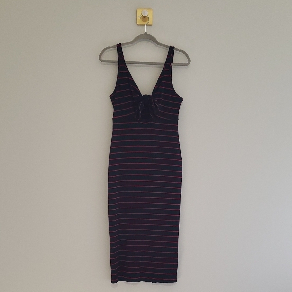 Express Midi Tank Dress Medium Stripe Black Pink Ribbed Knit Tie Front Keyhole